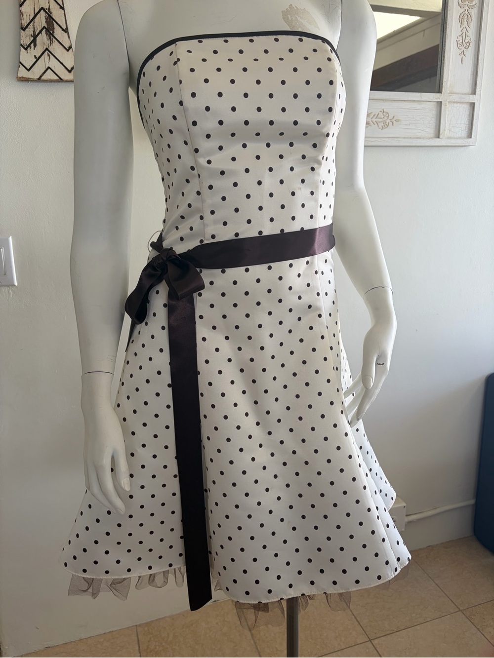 Vtg 1990s Jessica McClintock Gunne Sax Polka Dot Strapless Mini Dress Size 3/4